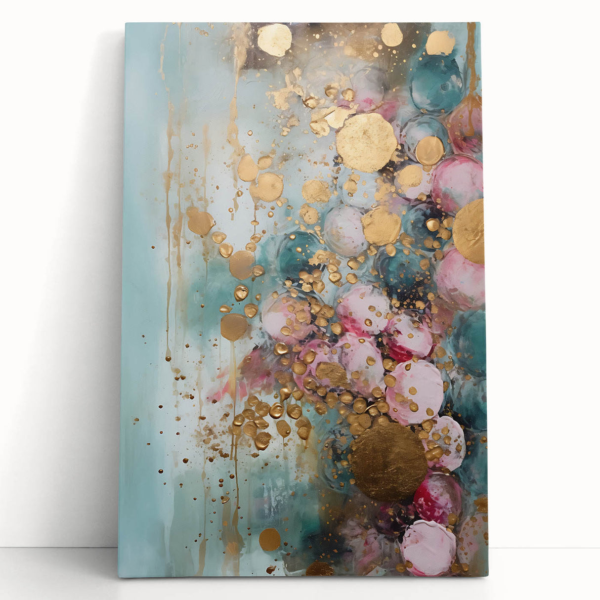 Abstract wall art featuring colorful strokes in shades of blue, orange, and yellow on a stretched canvas, leaning against a neutral wall, adding a modern touch to home decor.