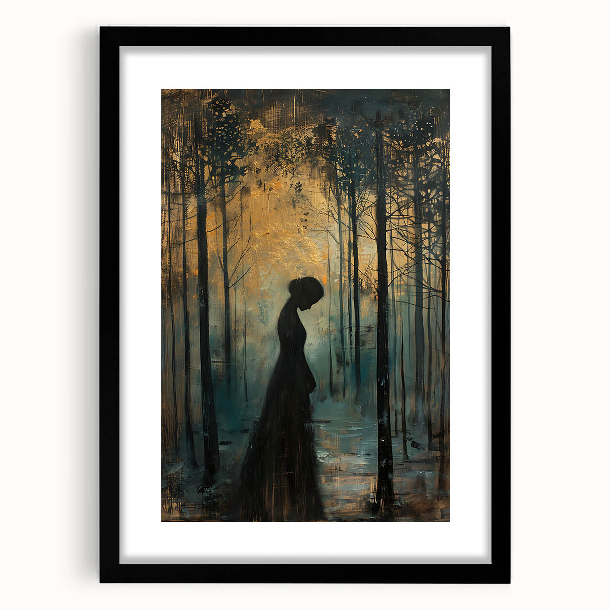 Abstract figurative wall art framed in black with a mat, showcasing vibrant colors and intricate shapes, perfect for modern home decor and artistic expression.