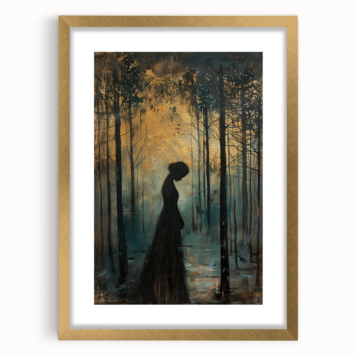 Abstract figurative wall art framed with gold accents, showcasing a modern design perfect for contemporary decor. Ideal for adding elegance to any living space.