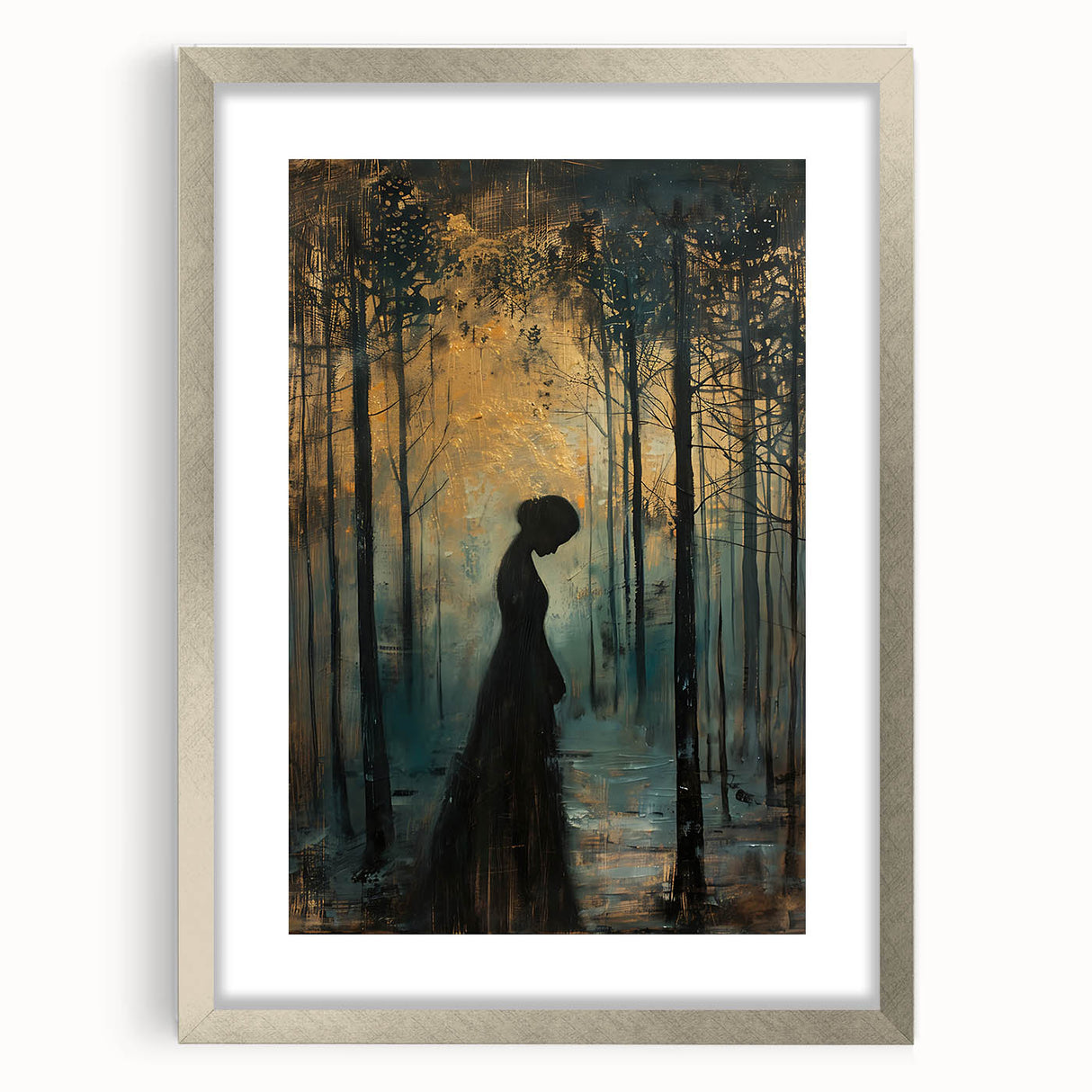 Abstract figurative wall art framed in silver with a white mat, showcasing vibrant colors and dynamic shapes, ideal for modern home decor.