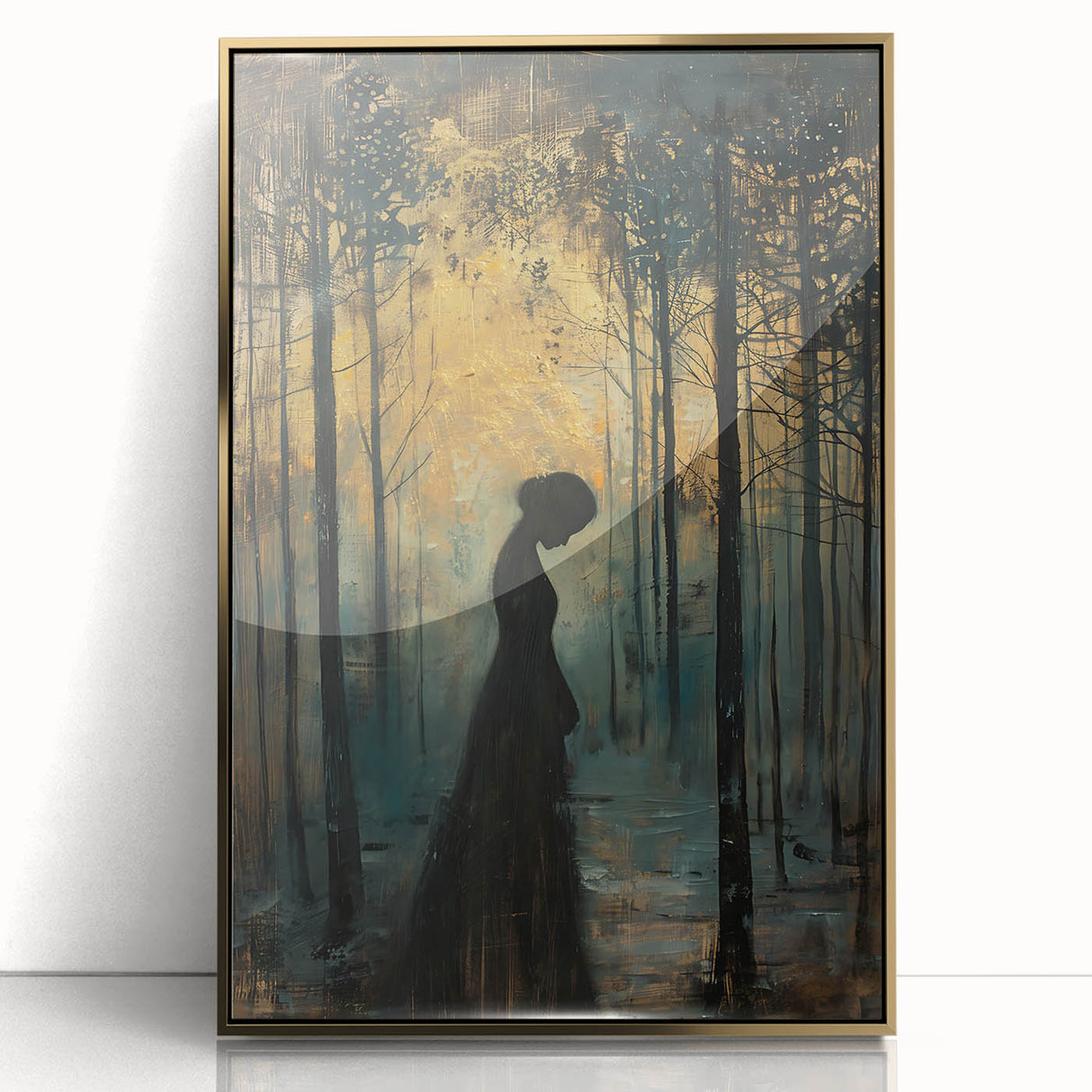 Framed abstract figurative wall art featuring vibrant gold accents and a sleek acrylic finish, ideal for modern decor and enhancing artistic spaces.