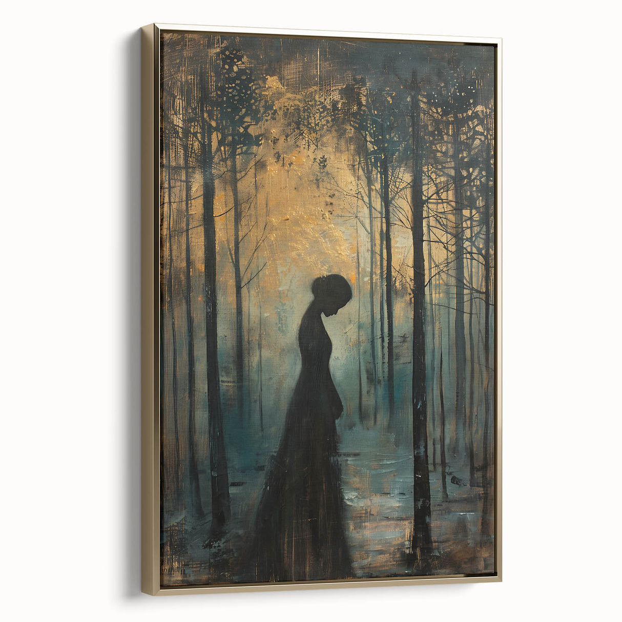 Framed abstract figurative wall art featuring gold accents against a textured background, showcased in a stylish side view, perfect for modern decor.