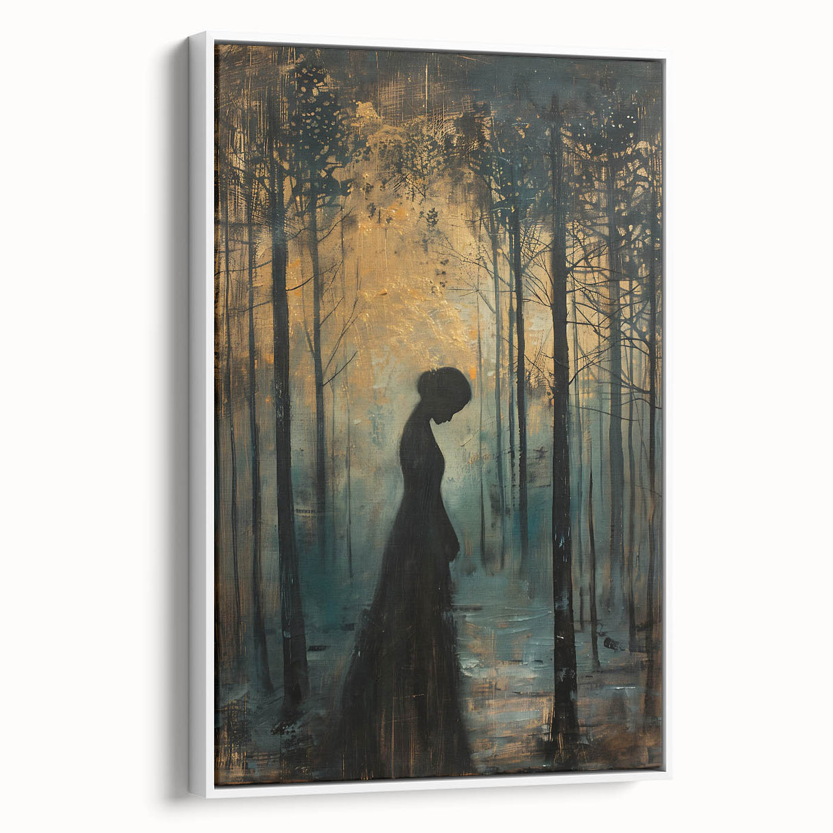 Framed abstract figurative wall art in a sleek white frame, showcasing vibrant colors and dynamic shapes, perfect for modern home decor in any living space.