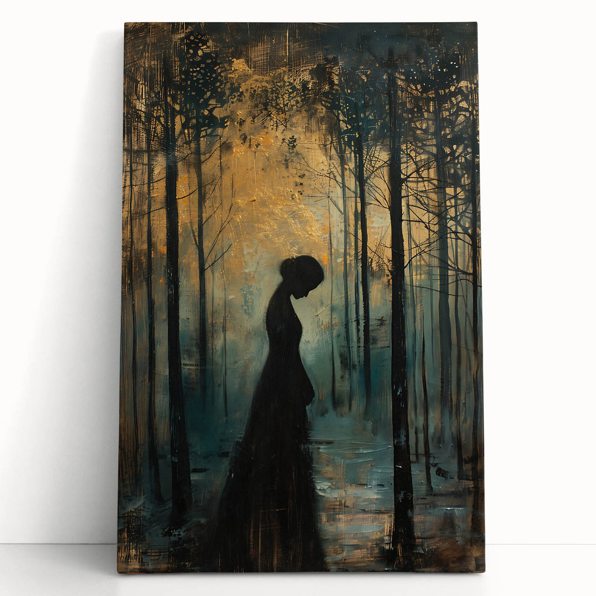 Abstract figurative wall art on stretched canvas, showcasing vibrant colors and dynamic shapes, leaning against a neutral wall, perfect for modern decor.