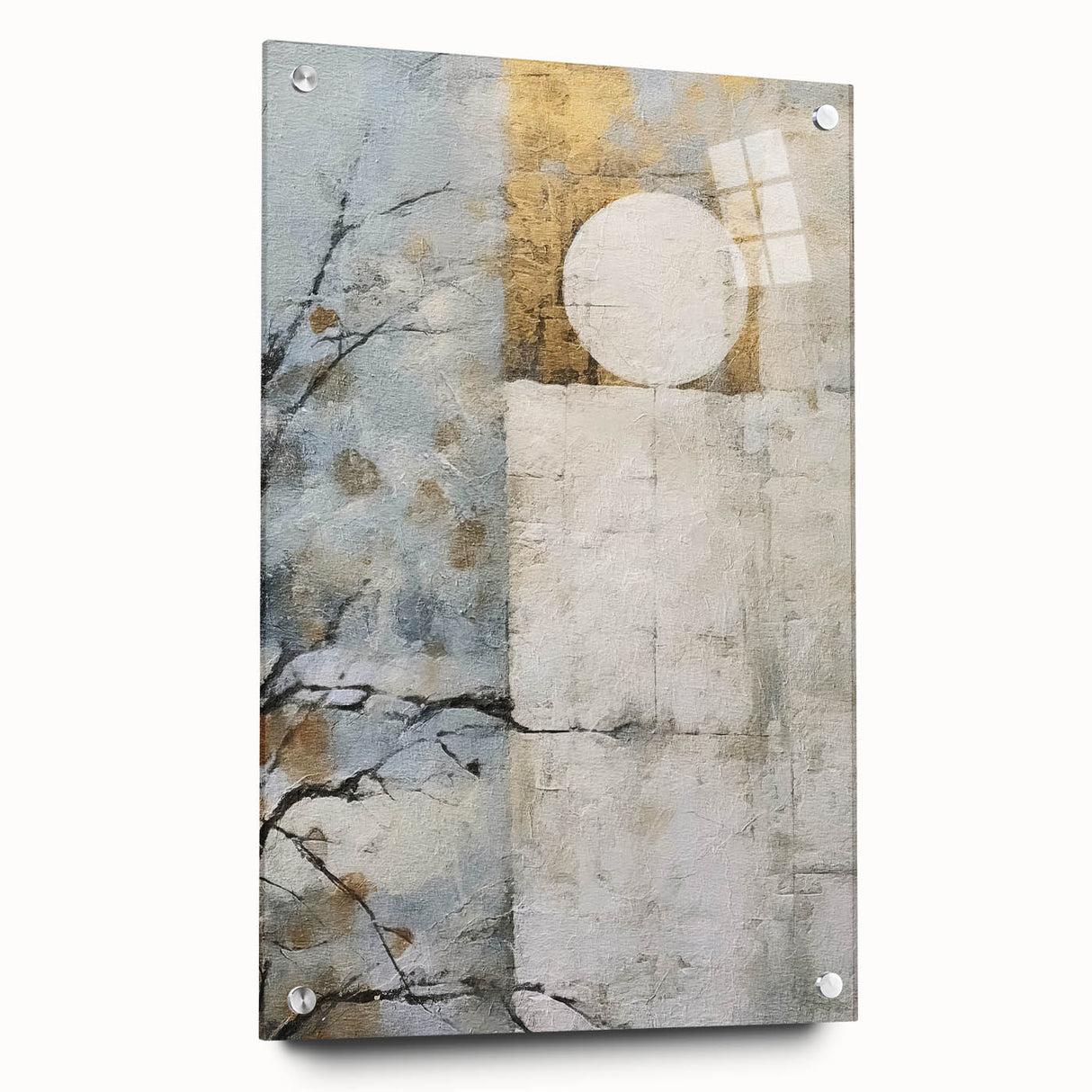 Abstract floral wall art printed on acrylic glass, showcasing vibrant colors and intricate designs, displayed from a side view with visible mounting pins for easy installation.