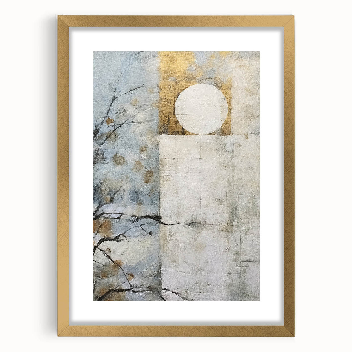 Abstract floral wall art framed in gold with a mat, showcasing vibrant colors and intricate designs, perfect for modern home decor. Ideal for enhancing living spaces.