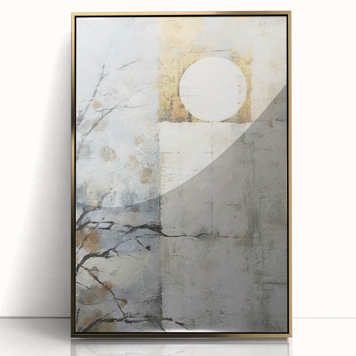 Framed wall art featuring an abstract floral design with gold accents, set against a soft background, perfect for modern home decor. This elegant piece adds a touch of sophistication to any room, enhancing the aesthetic with its vibrant colors and intricate details.