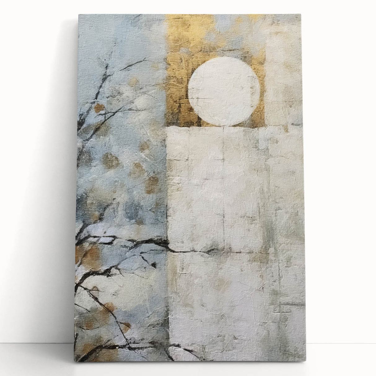 Vibrant abstract floral wall art on stretched canvas, featuring colorful blooms in shades of pink, blue, and yellow, elegantly leaning against a neutral backdrop, perfect for home decor enhancement.