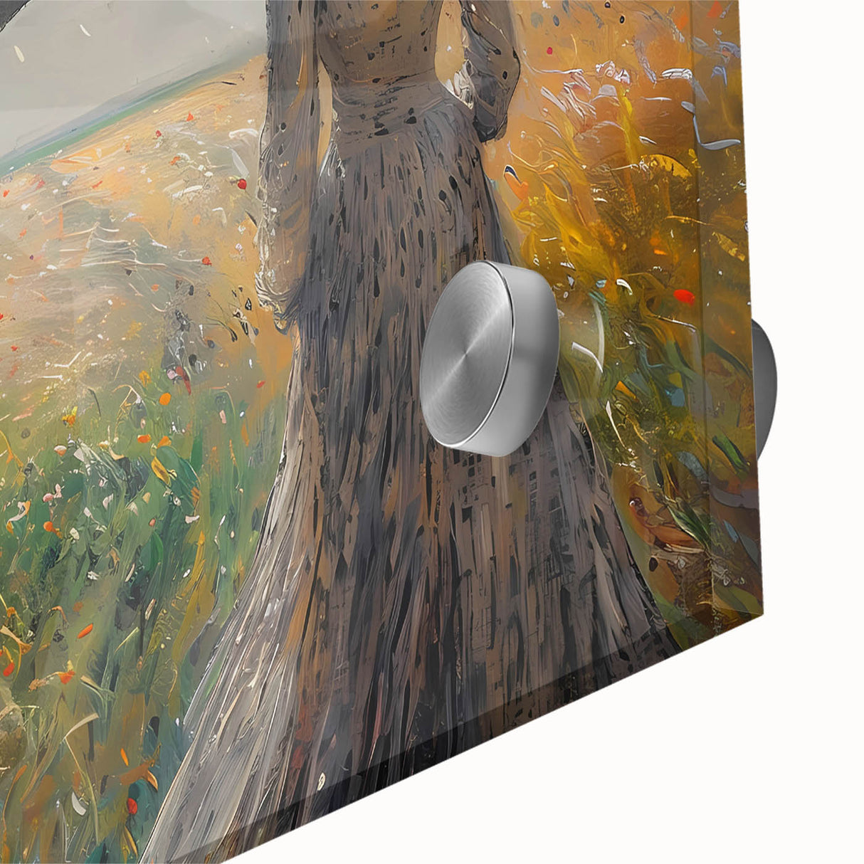 Close-up of vibrant abstract figurative wall art in acrylic glass, showcasing bold colors and intricate details, perfect for modern home decor.