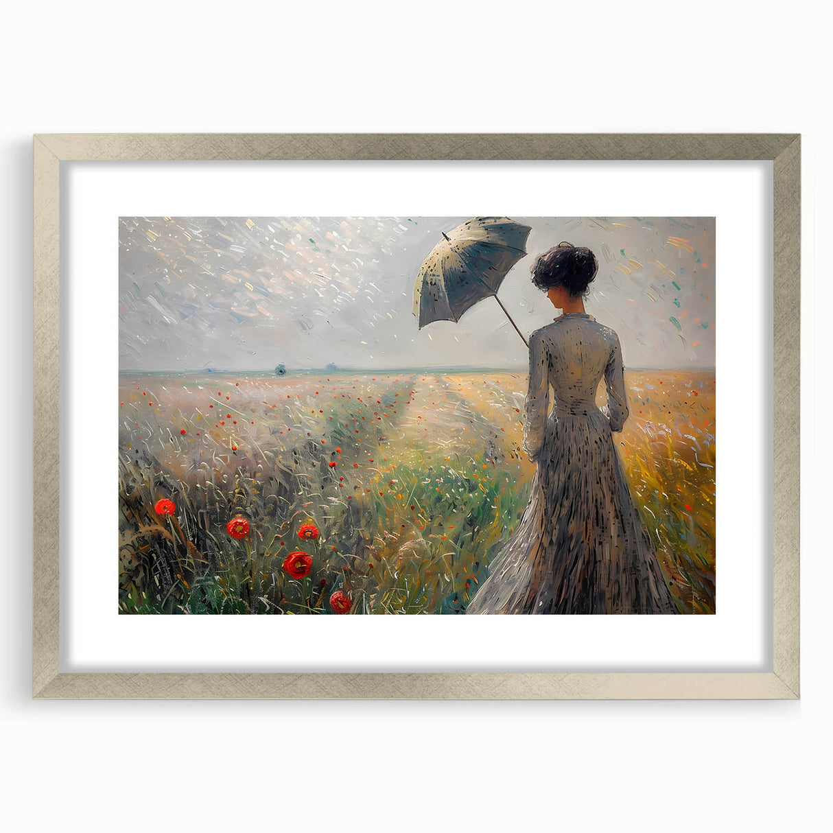 Abstract figurative wall art featuring a silver frame and mat, showcasing a modern design that adds a contemporary touch to interior decor, perfect for artistic spaces.