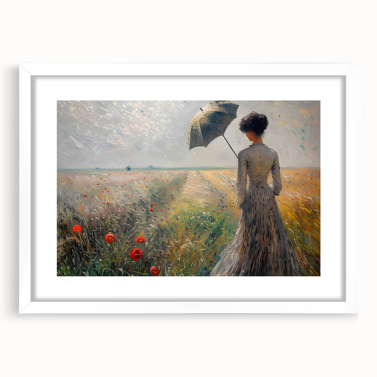 Abstract figurative wall art framed in white, showcasing vibrant colors and dynamic shapes, ideal for modern home decor. Perfect for enhancing living spaces.