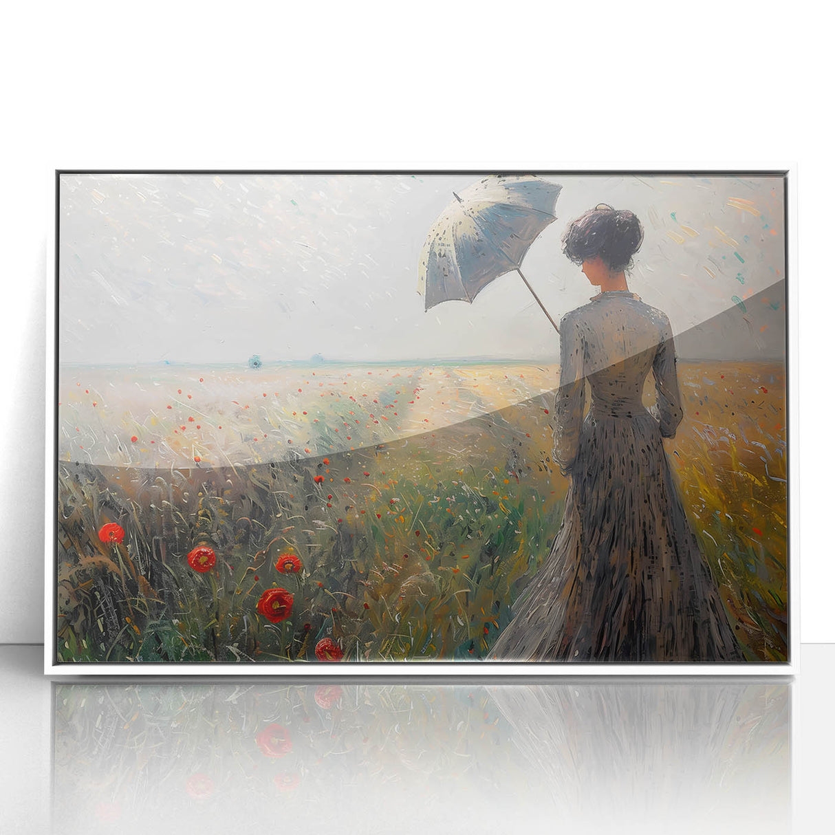 Framed abstract figurative wall art featuring a white acrylic background with vibrant colors, perfect for modern home decor, enhancing any living space aesthetic.