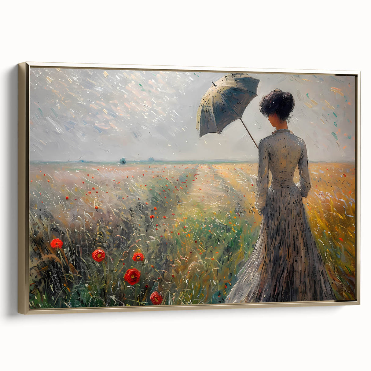 Framed abstract figurative wall art showcasing a striking gold design, displayed in a modern setting with elegant side view. Perfect for contemporary home decor.