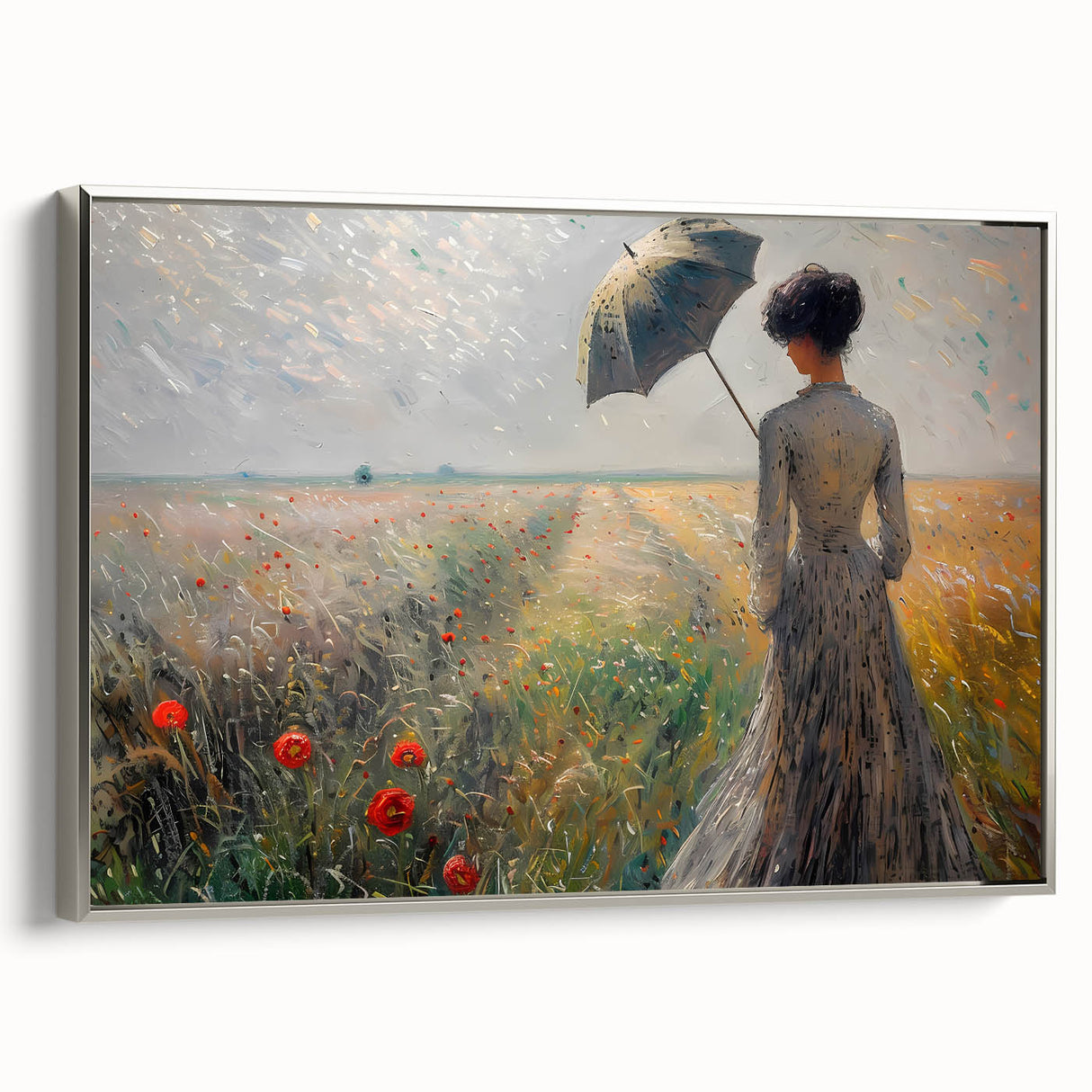 Abstract figurative wall art featuring a silver frame and colorful, modern design, showcasing dynamic shapes and forms, perfect for contemporary decor.