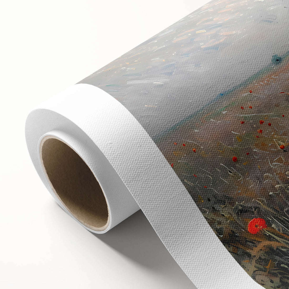 Abstract figurative wall art on rolled canvas, showcasing vibrant colors and dynamic shapes, elegantly packaged in a protective cardboard tube for easy transport.