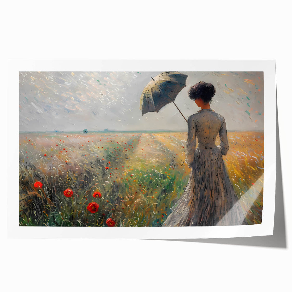 Abstract figurative wall art print showcasing vibrant colors and dynamic shapes, rolled and ready for display, enhancing modern home decor aesthetics.