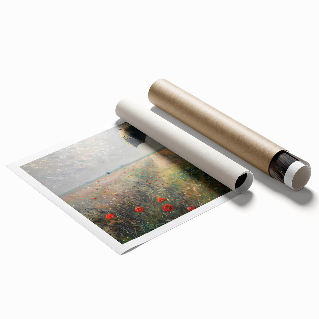 Abstract figurative wall art print showcasing vibrant colors and unique shapes, rolled and packaged in a protective cardboard tube for easy display and storage.