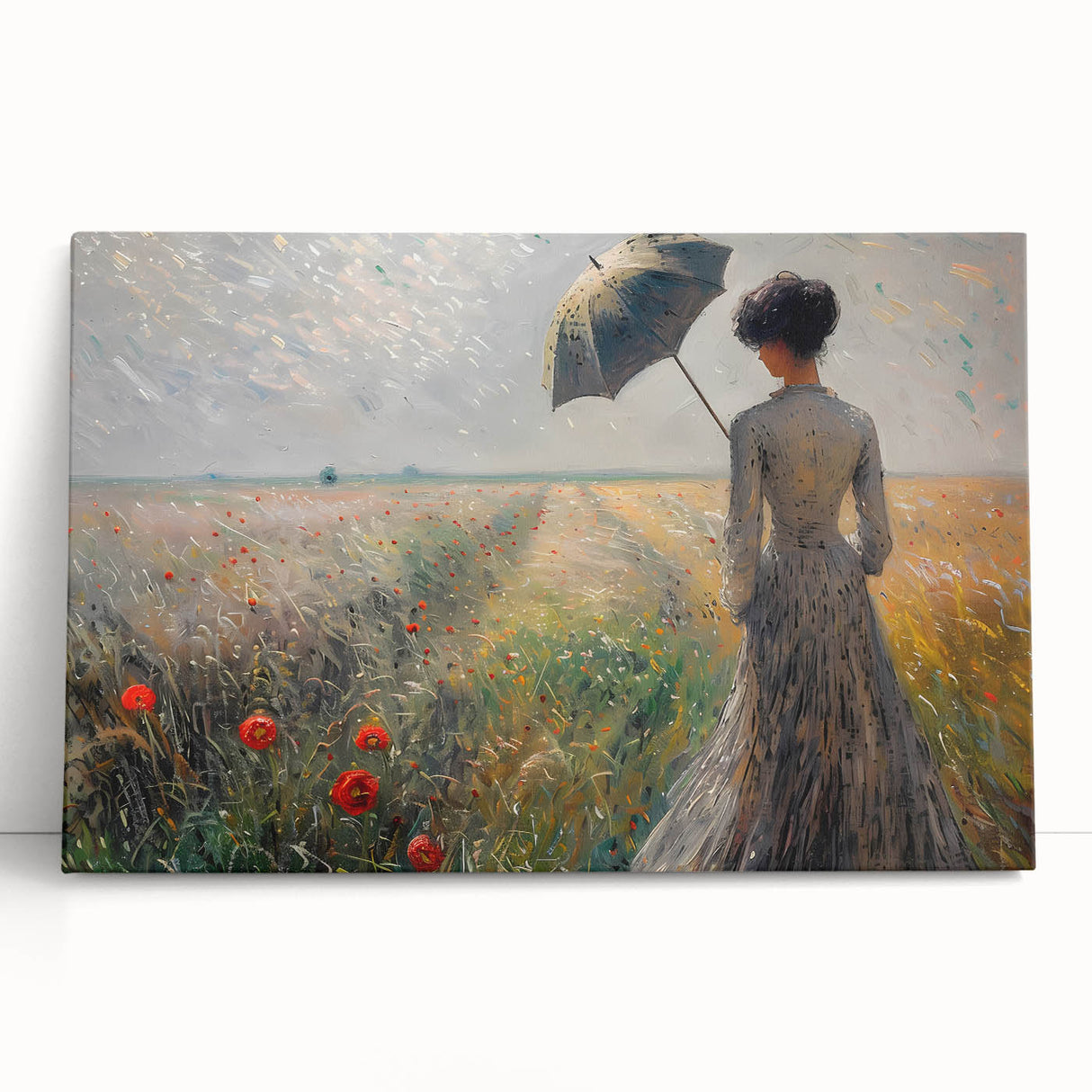 Abstract figurative wall art on a stretched canvas, showcasing vibrant colors and dynamic shapes, leaning against a neutral wall, perfect for modern decor.