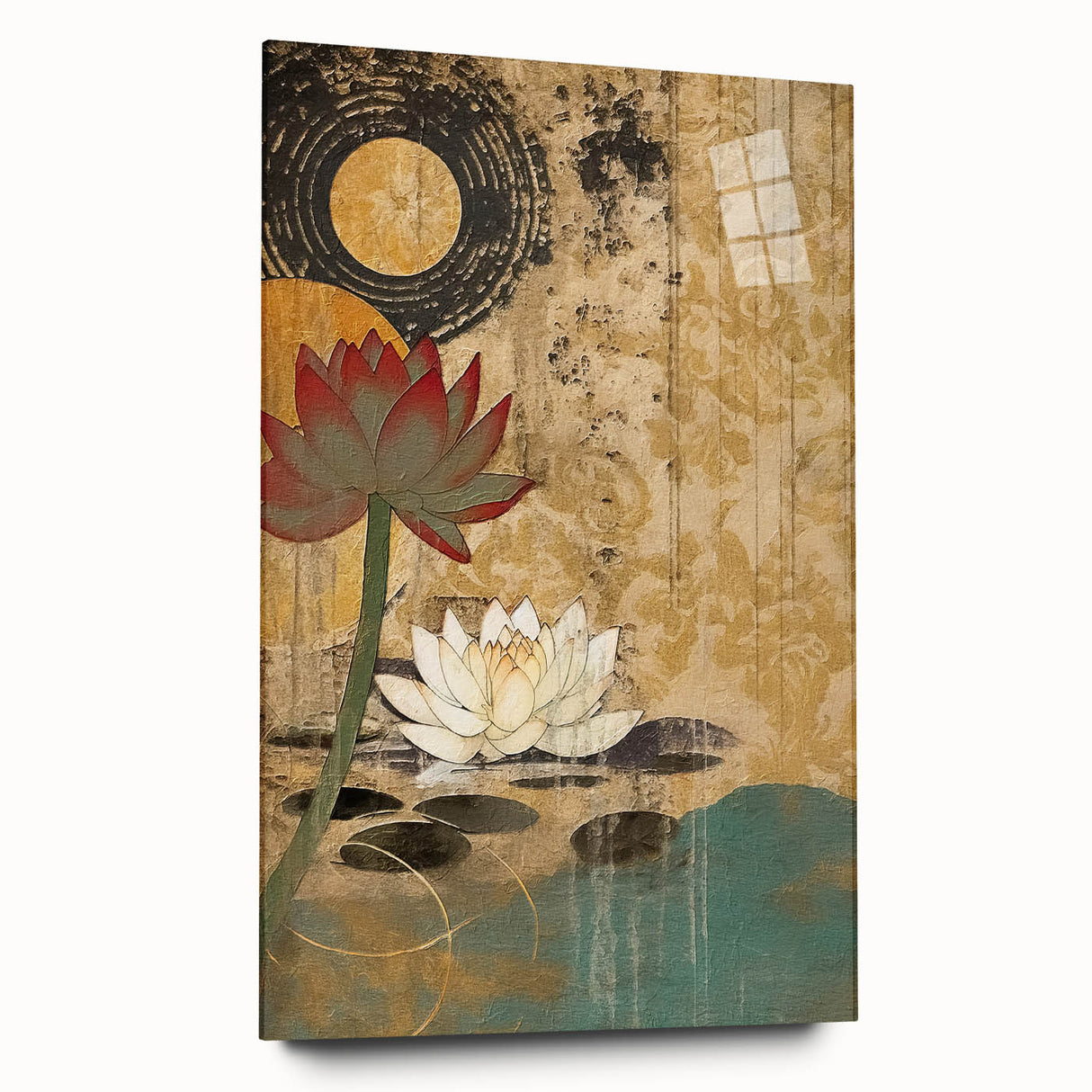 Abstract floral wall art displayed in a sleek acrylic glass frame, showcasing vibrant colors and intricate designs, perfect for modern home decor.