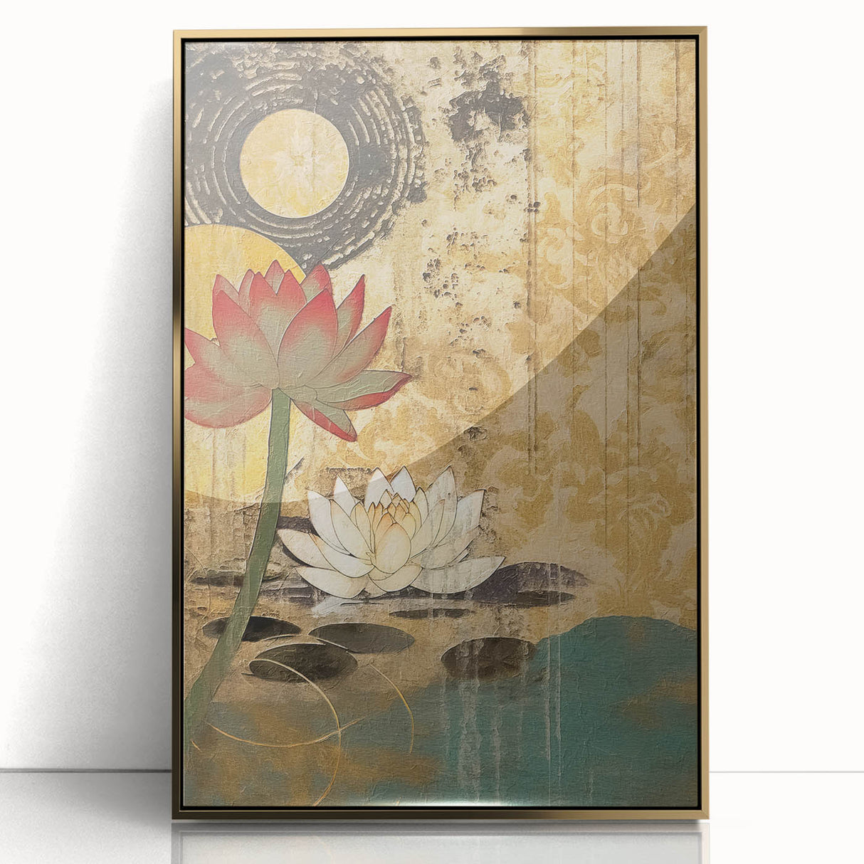 Framed abstract floral wall art featuring vibrant colors in an acrylic finish with a gold frame, ideal for modern home decor and enhancing interior aesthetics.