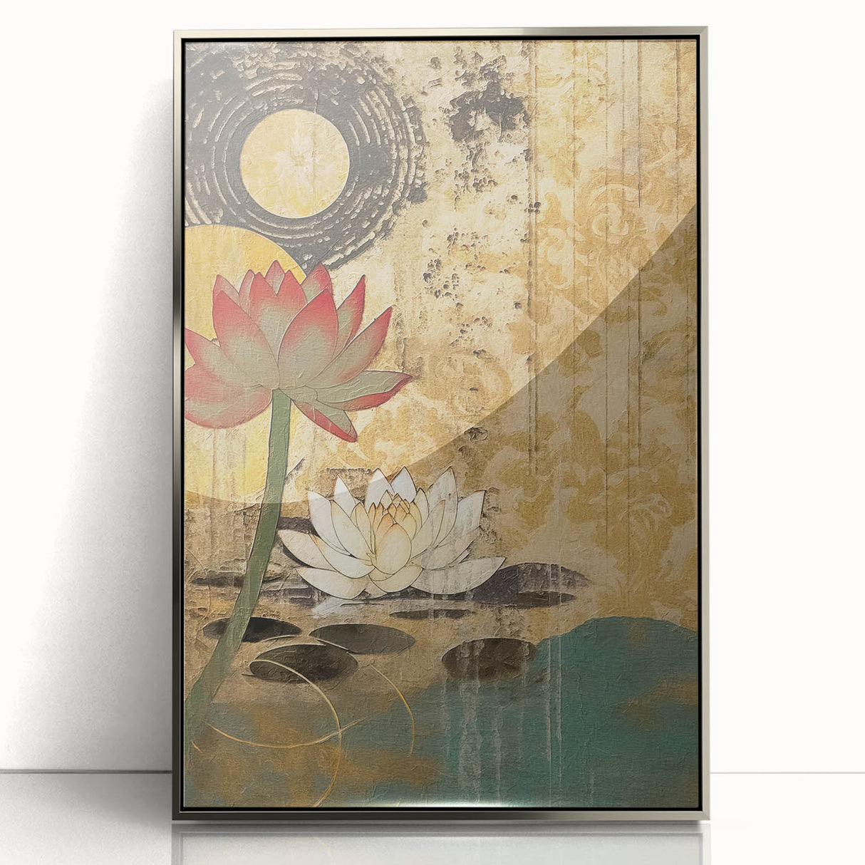 Framed abstract floral wall art featuring vibrant colors and intricate designs, set in a sleek silver frame, perfect for modern home decor.