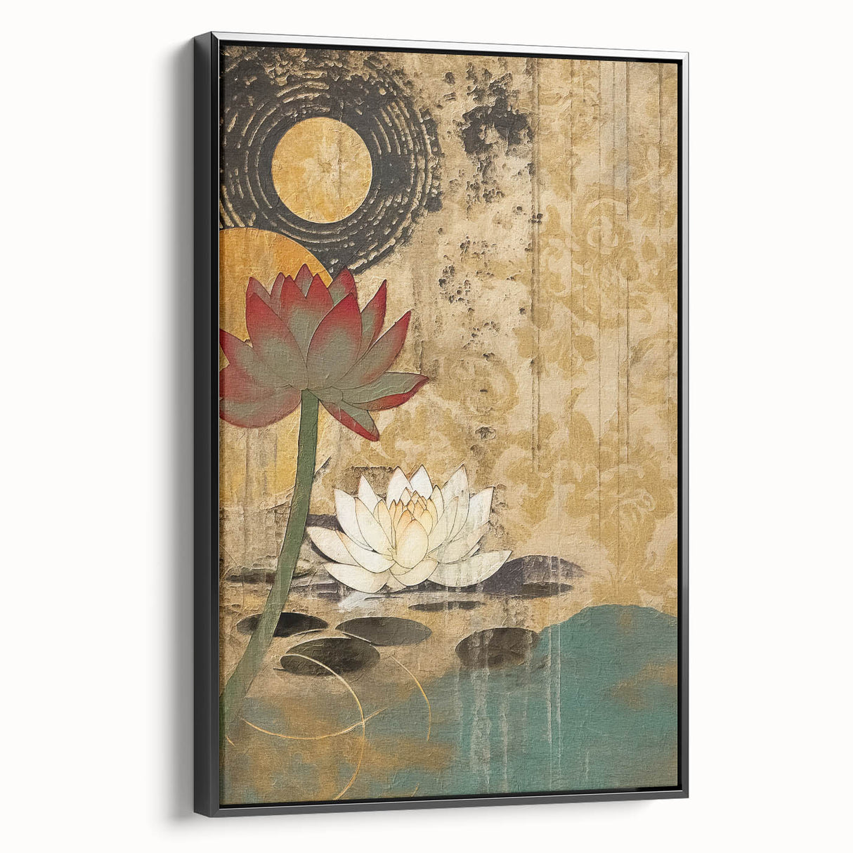 Framed abstract floral wall art featuring vibrant colors, set against a sleek black frame, showcasing a modern design perfect for contemporary decor.