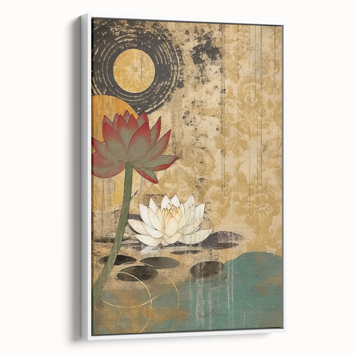 Framed abstract floral wall art in vibrant colors, showcasing a modern design with intricate details, set against a white backdrop for a contemporary decor touch.
