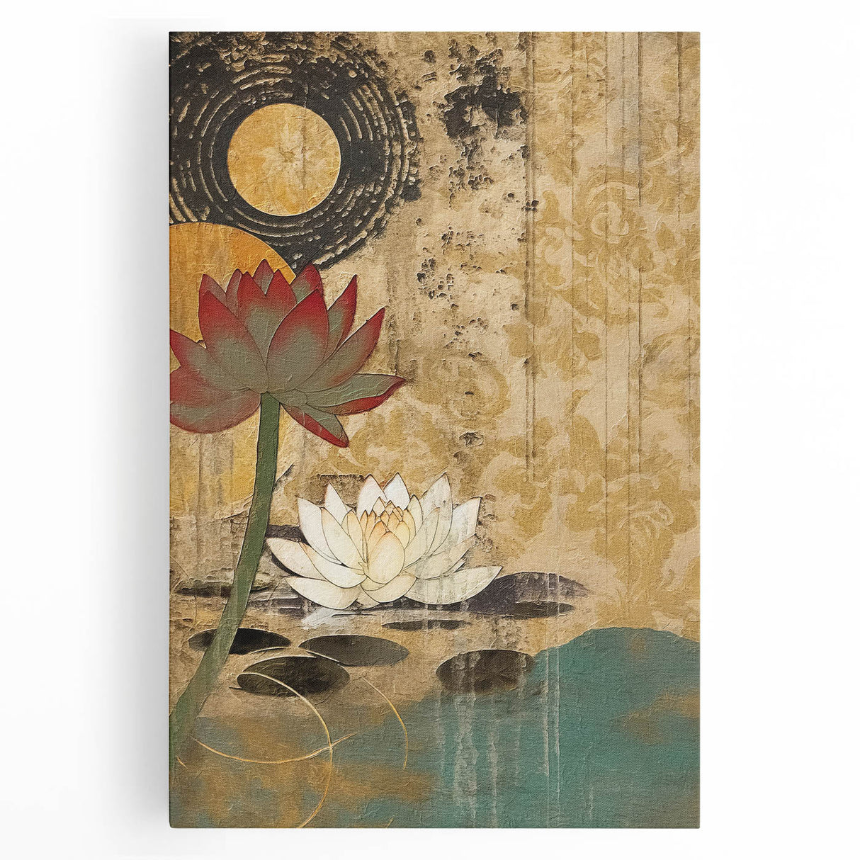 Abstract floral wall art on stretched canvas showcasing vibrant colors of blue, pink, and gold. Ideal for modern home decor, adding a touch of elegance and creativity to any room.