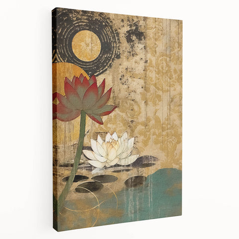 Abstract floral wall art design on stretched canvas showcasing vibrant colors and intricate patterns, elegantly displayed in a side view for an artistic touch.
