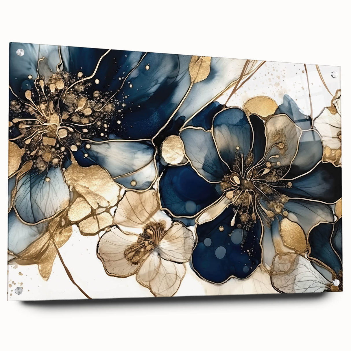 Abstract floral wall art displayed in acrylic glass with a side view showcasing vibrant colors and intricate patterns, elegantly mounted with pins for an artistic touch.