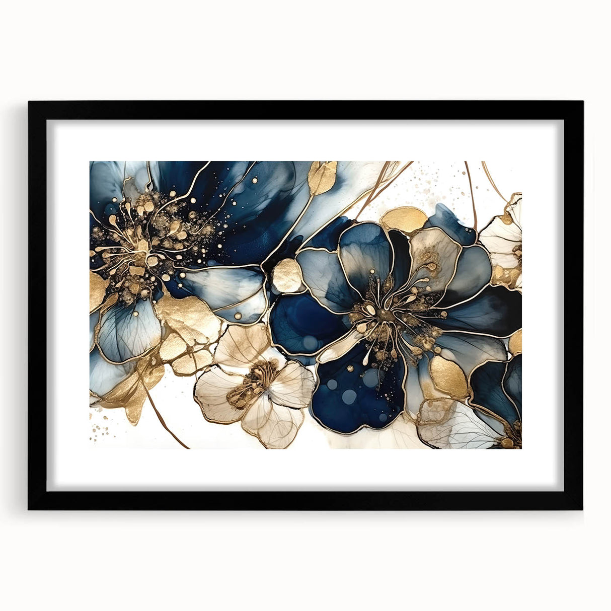 Abstract floral wall art print in a black frame with a mat, showcasing vibrant colors and intricate designs, perfect for modern home decor or office settings.