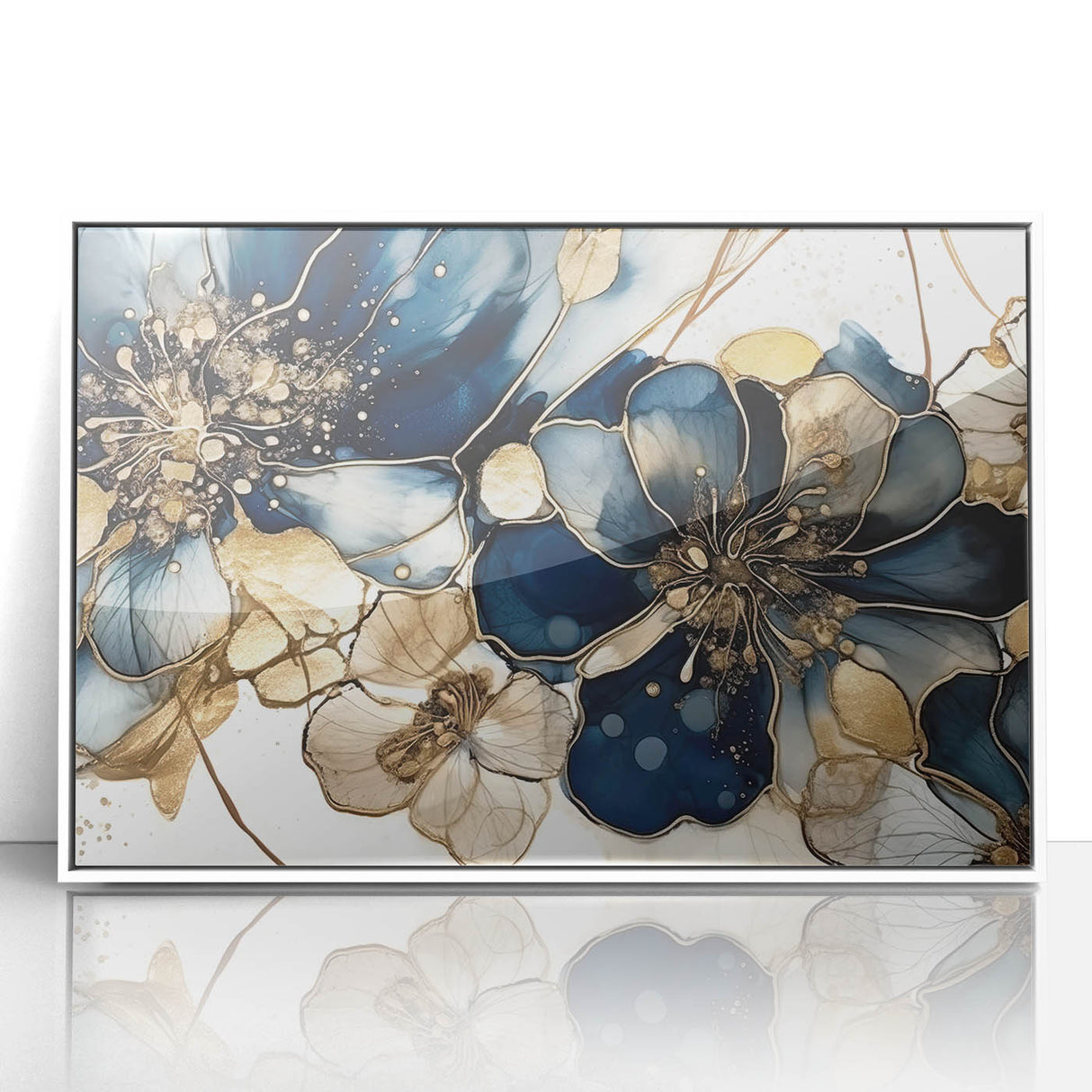 Framed wall art featuring an abstract floral design in vibrant colors, displayed in a sleek white frame, perfect for modern home decor. Ideal for adding a pop of color to living spaces.