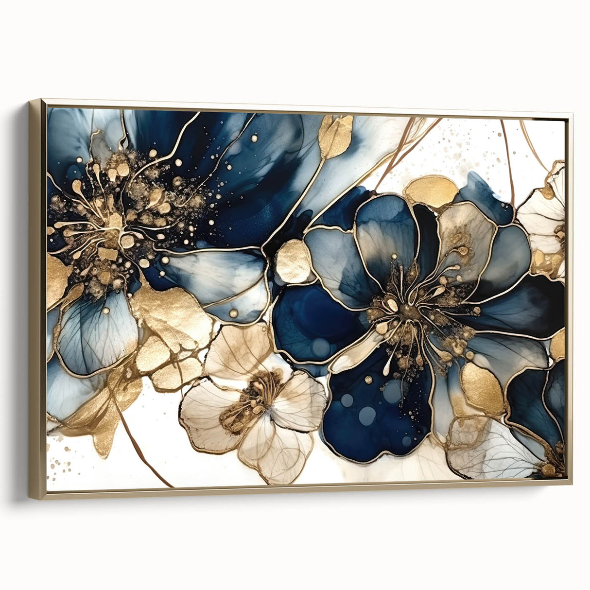 Framed canvas wall art featuring an abstract floral design in gold tones, showcasing elegant brush strokes and intricate details, perfect for modern home decor.