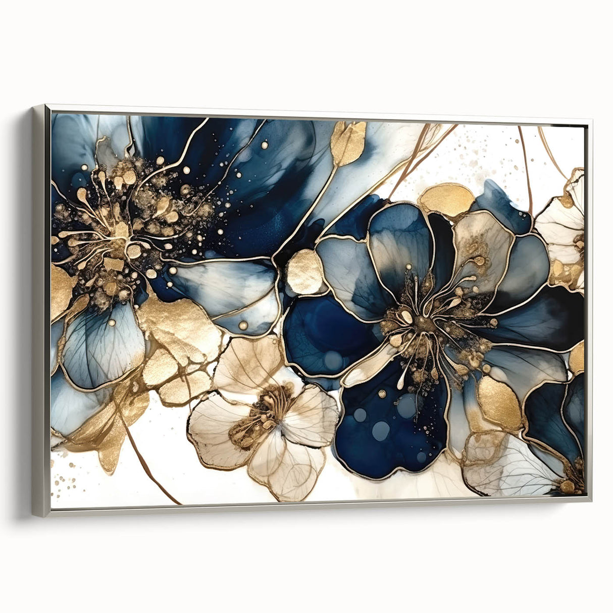 Framed canvas wall art showcasing an abstract floral design in vibrant colors, featuring a sleek silver frame that enhances its modern aesthetic. Ideal for home decor.