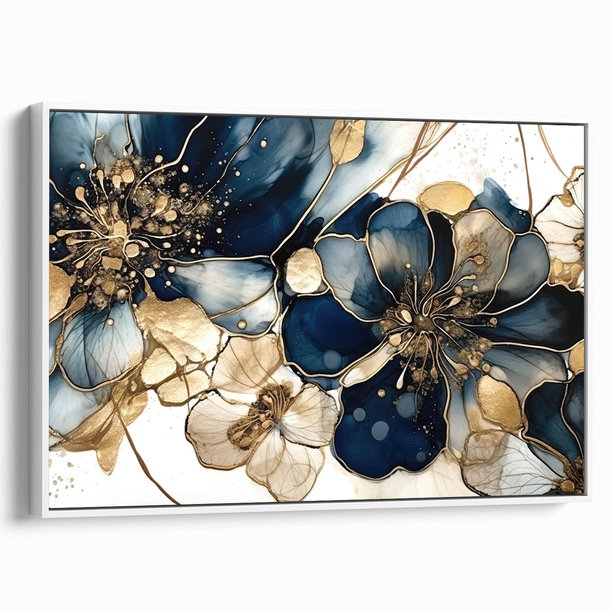 Framed canvas wall art featuring an abstract floral design in vibrant colors, showcasing intricate patterns against a white background, ideal for modern home decor.