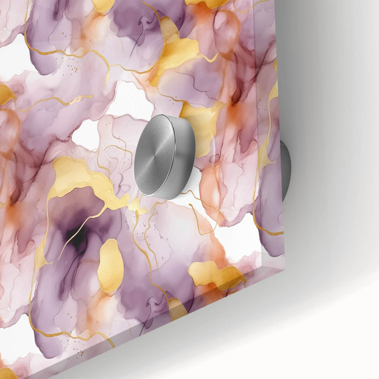 Abstract wall art close-up showcasing vibrant strokes in shades of blue, pink, and gold on acrylic glass, ideal for modern home decor accents.