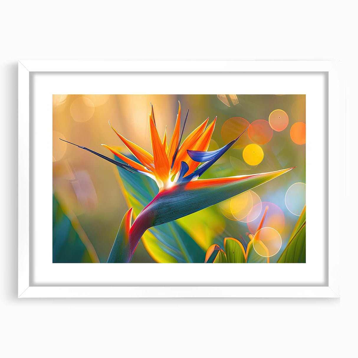 Botanical wall art featuring a vibrant Bird of Paradise design framed in sleek white, perfect for adding a touch of nature-inspired elegance to any decor.