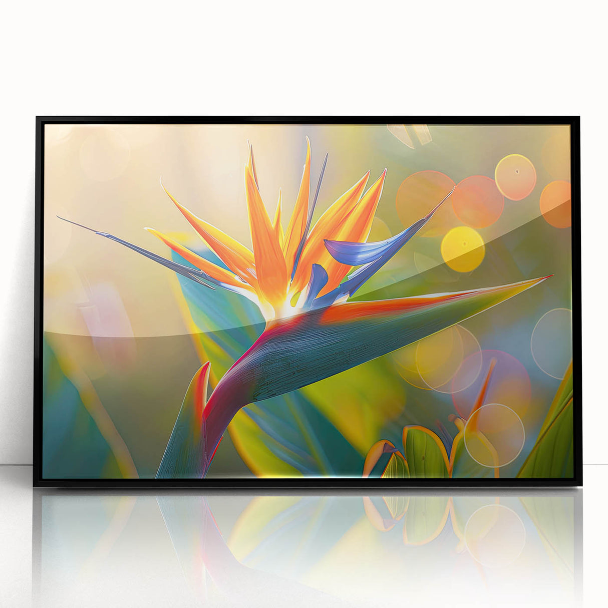 Framed wall art featuring a vibrant Bird of Paradise design in botanical style, set against a sleek black frame, perfect for enhancing modern decor.