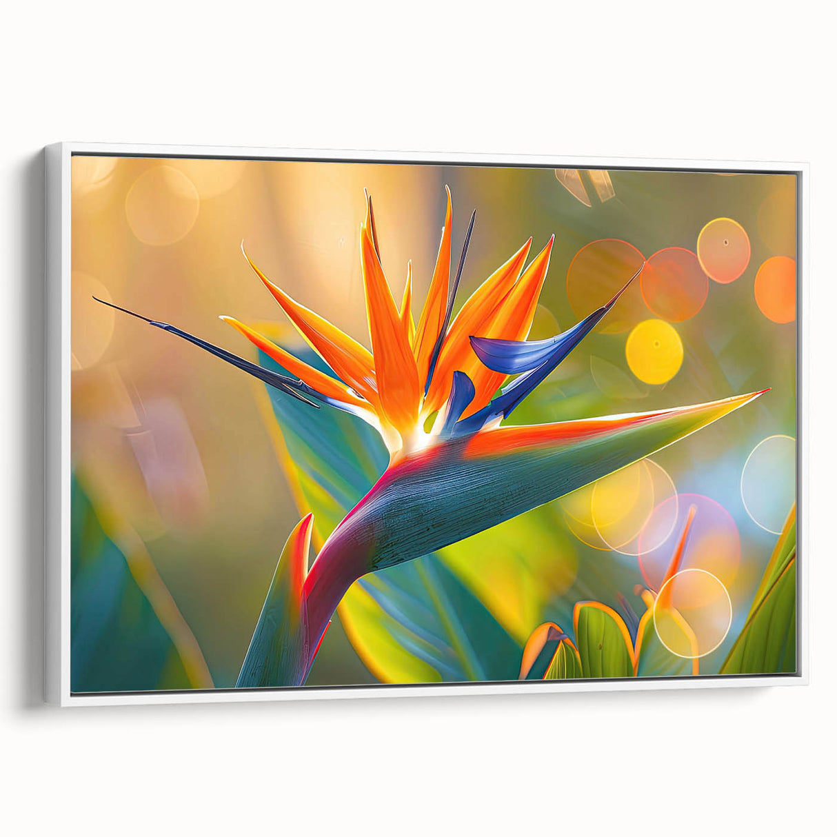 Framed canvas wall art showcasing a vibrant bird of paradise design with bold colors and intricate botanical details, elegantly displayed against a white backdrop.