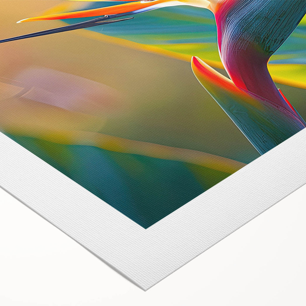 Vibrant rolled canvas showcasing a botanical bird of paradise design, featuring rich colors and intricate details, ideal for home decor and artistic display.