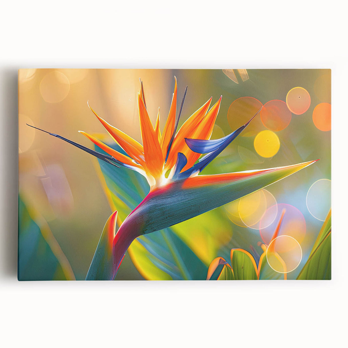 Stretched canvas wall art showcasing a vibrant Bird of Paradise floral design with rich colors, perfect for adding a tropical touch to home decor.