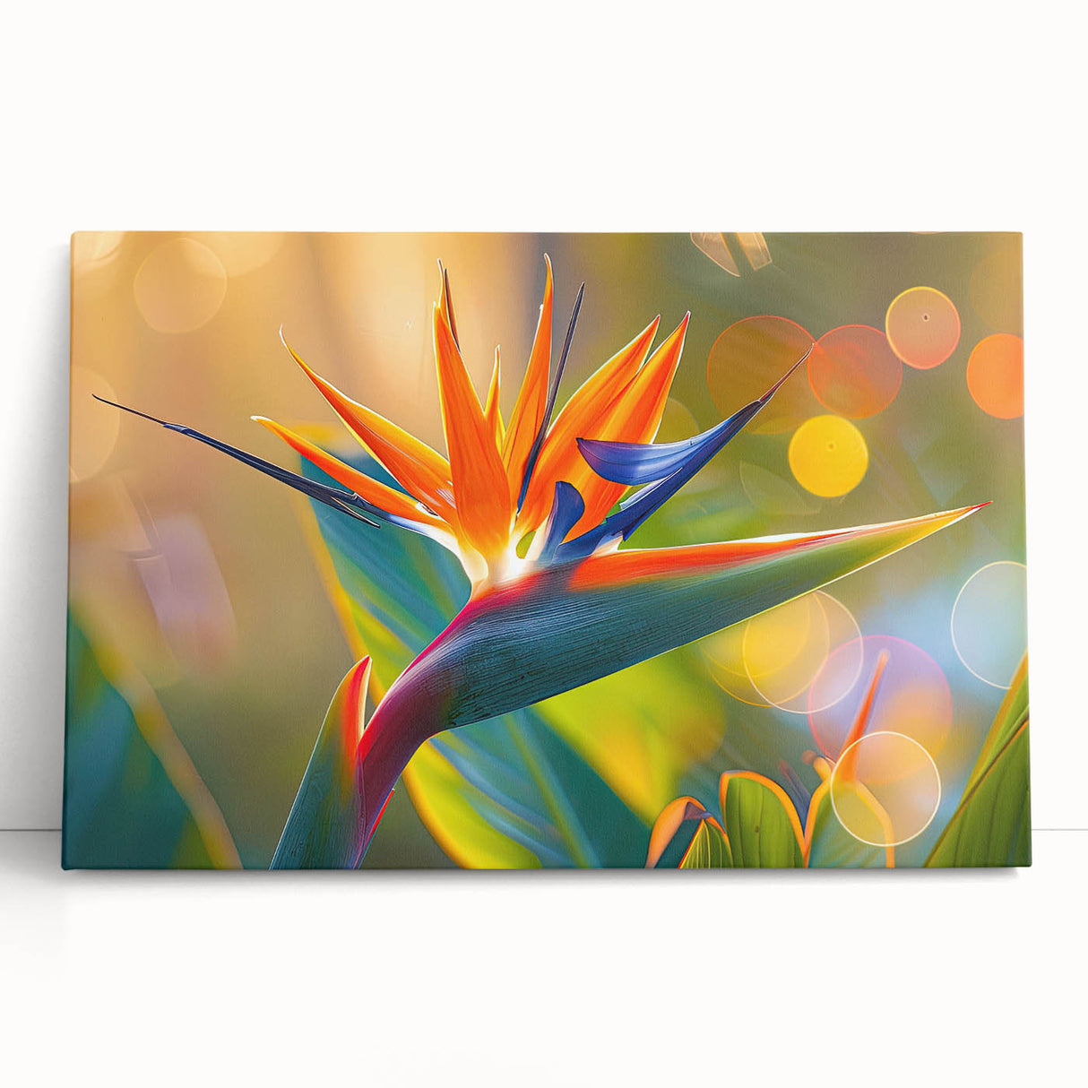 Vibrant Bird of Paradise wall art on stretched canvas, showcasing vivid colors and intricate floral designs, perfect for modern home decor.