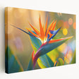 Stretched canvas wall art featuring a vibrant Bird of Paradise design with rich colors and intricate botanical details, perfect for enhancing modern home decor.