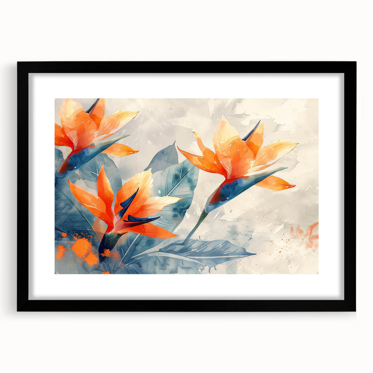 Framed wall art displaying a vibrant botanical design of a bird of paradise, featuring a black frame and mat, ideal for enhancing home decor aesthetics.