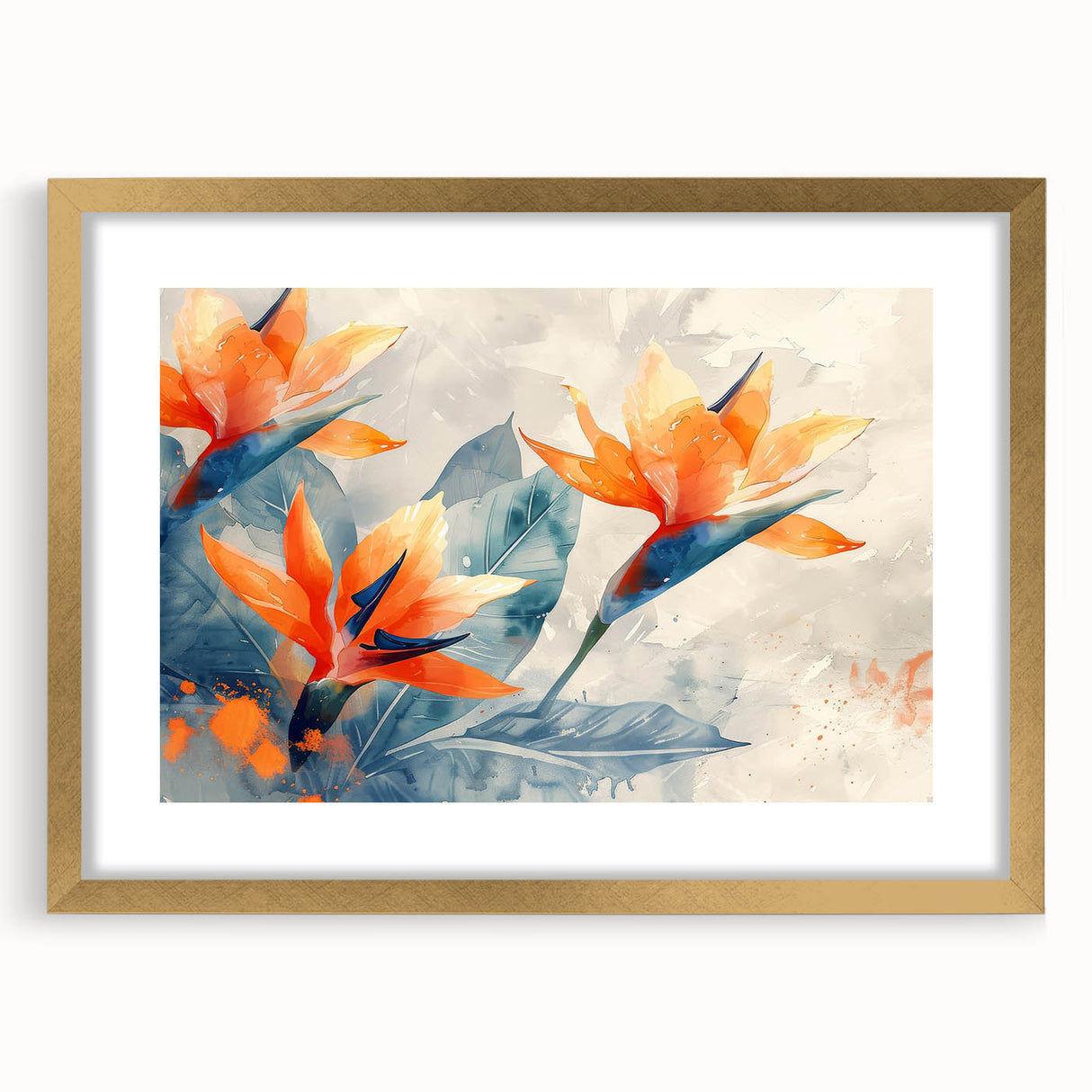 Botanical wall art featuring a vibrant Bird of Paradise design, framed in gold with a white mat, perfect for adding elegance to any home decor.