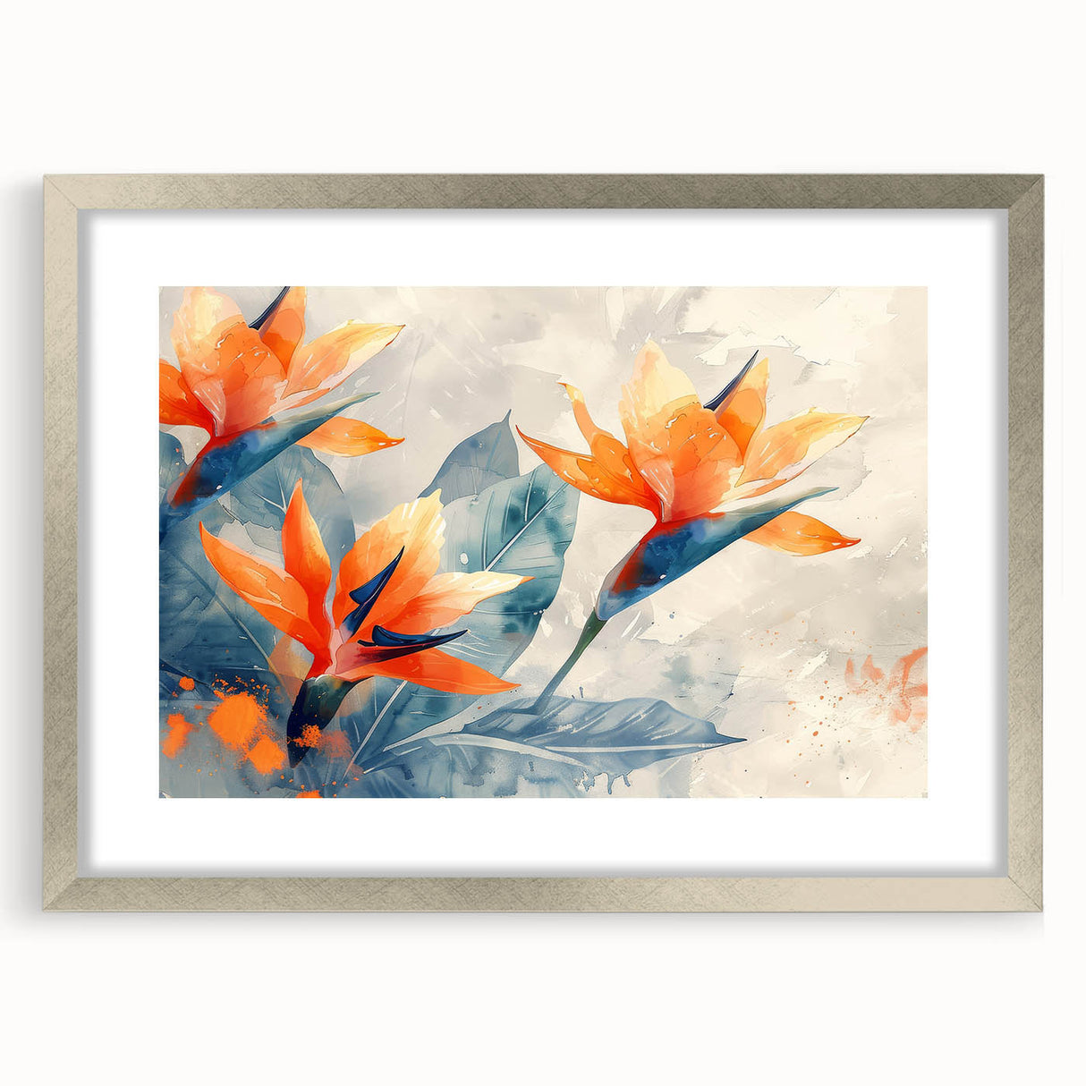 Framed wall art featuring a vibrant Bird of Paradise design, with botanical elements and a sleek silver frame. Ideal for modern home decor.