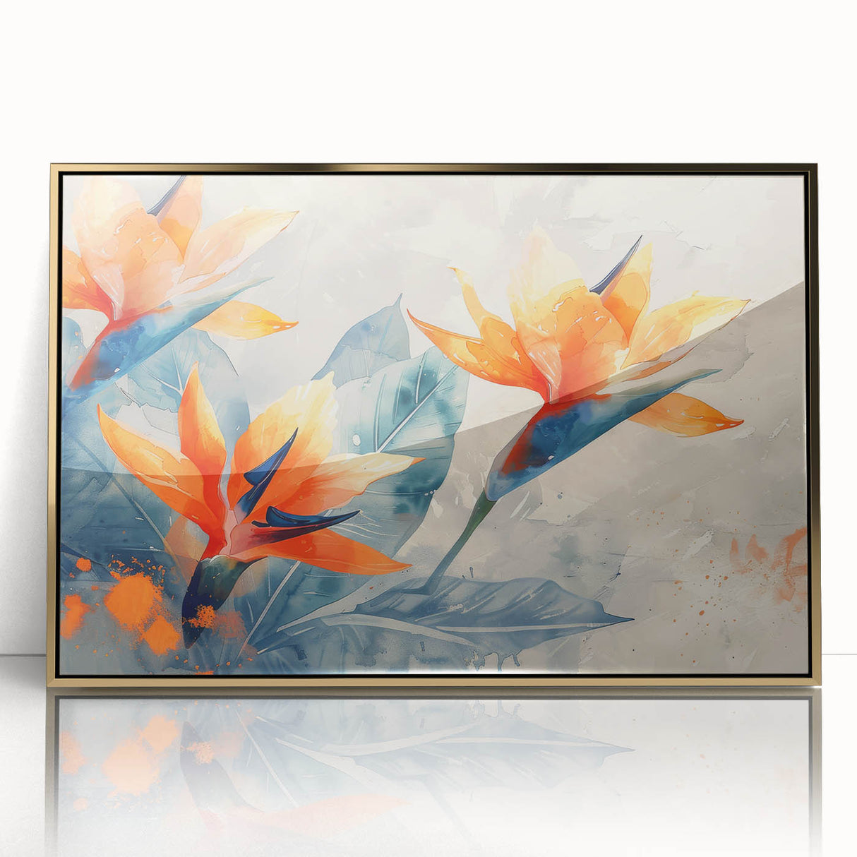 Framed wall art showcasing a vibrant Bird of Paradise design with intricate floral details, set in an elegant gold frame, perfect for enhancing home decor.