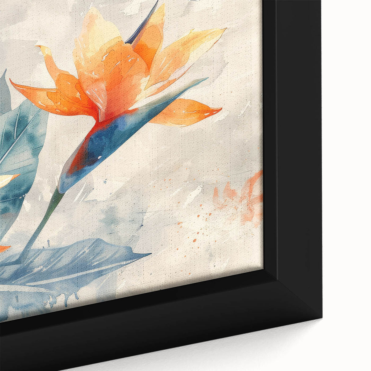 Close-up of a vibrant botanical wall art design featuring a striking Bird of Paradise flower, framed in an elegant black frame, perfect for modern decor.
