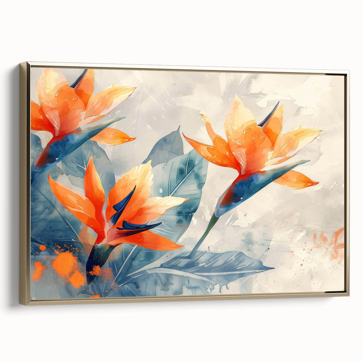 Framed canvas wall art featuring a vibrant Bird of Paradise design, showcasing intricate floral details in gold tones against a sleek background, ideal for home decor.