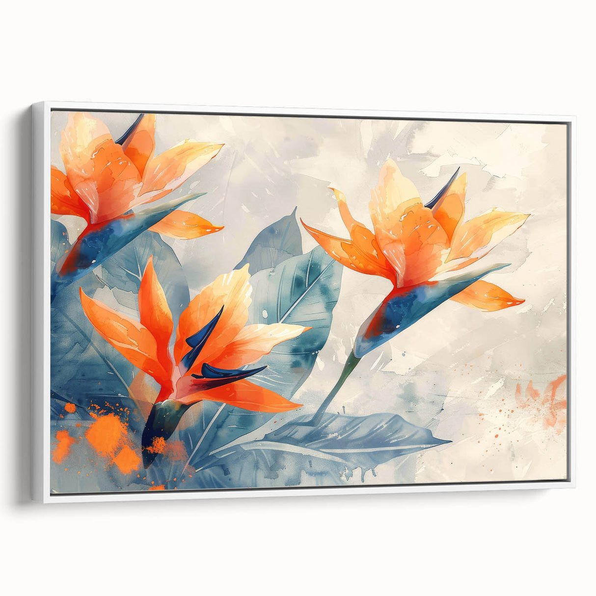 Framed wall art featuring a vibrant Bird of Paradise design, showcasing colorful tropical flowers against a white background, perfect for brightening up any living space.